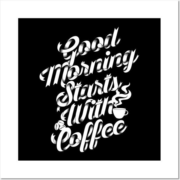 Good morning stars with coffee, coffee slogan white letters Wall Art by Muse